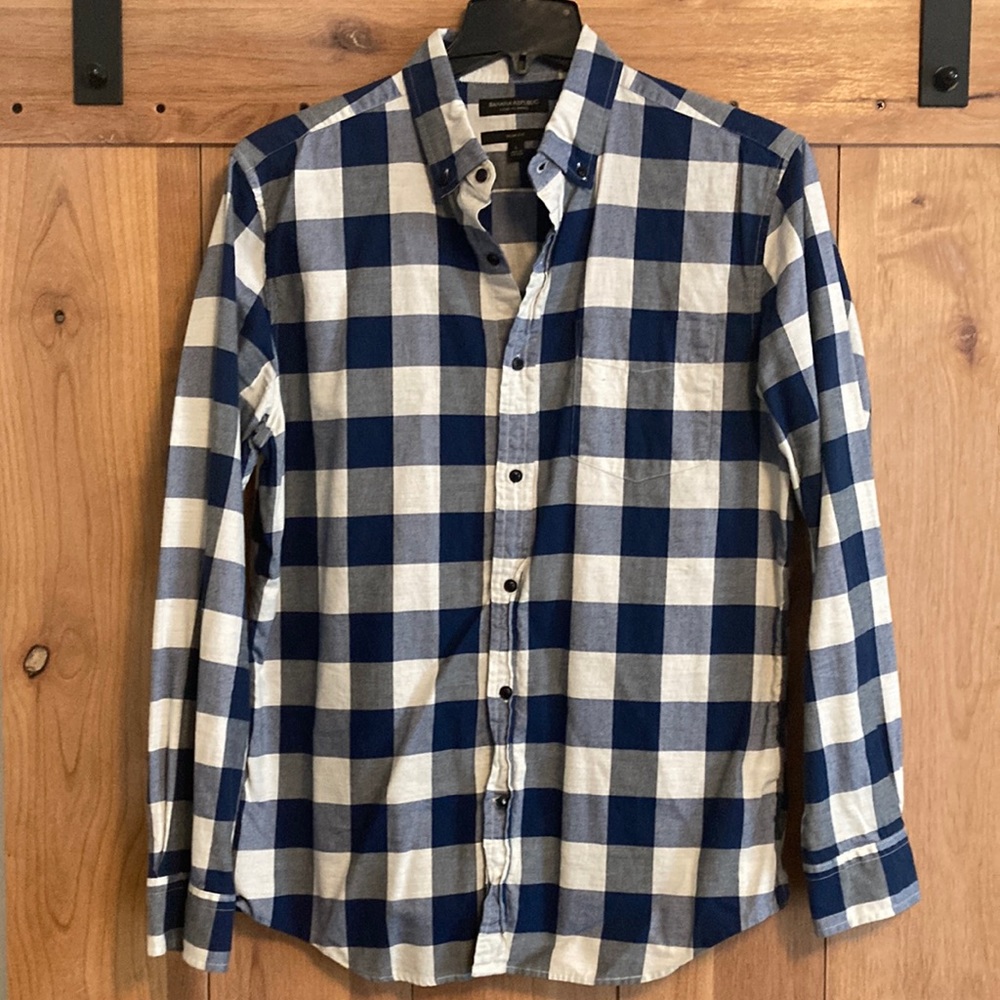 Banana Republic Blue and White Luxe Flannel Shirt Size L